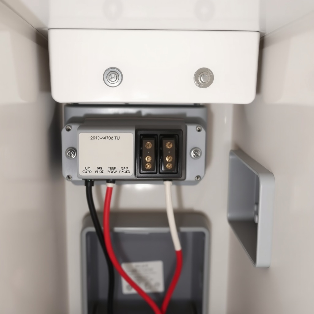 A clean photorealistic photo of an RV generator transfer switch mounted in a compartment