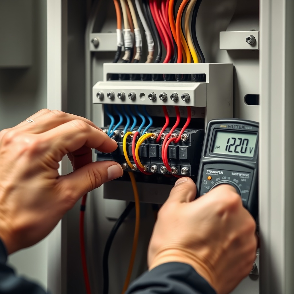 A clean photorealistic photo showing a technician's hands connecting color-coded wires to
