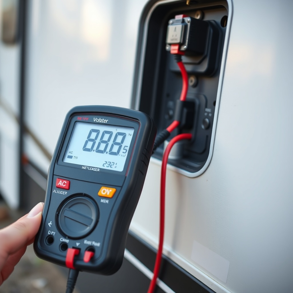 Close-up of a digital multimeter measuring AC voltage at an RV generator outlet