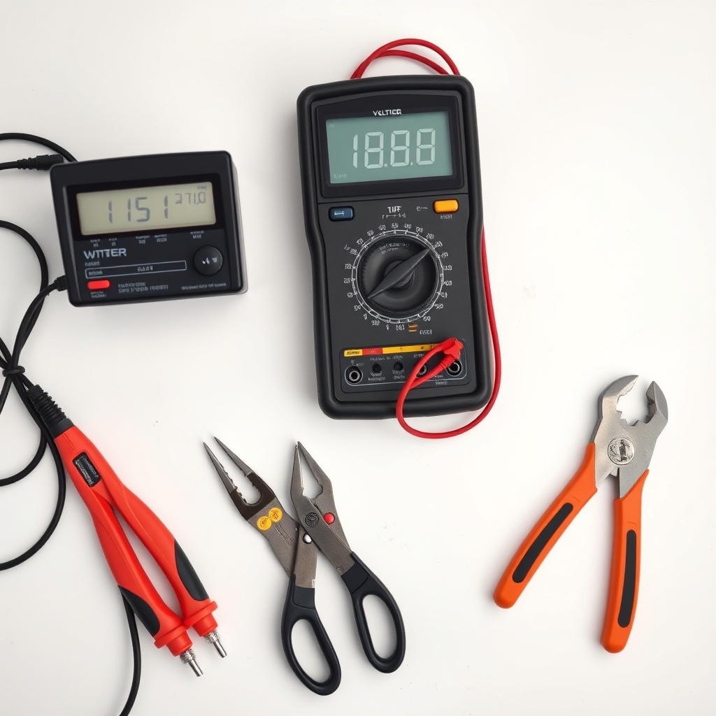 A clean photorealistic photo of a workbench with a voltage regulator